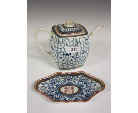 A Worcester blue and white onion pattern square Teapot with a matching oval shaped Spoon Tray