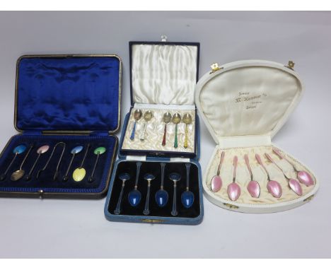 Six silver and blue enamel Coffee Spoons, six pink Coffee Spoons, six enamel bean handled Coffee Spoons and five Danish silve