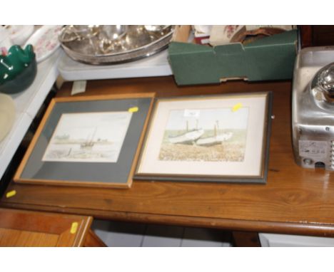 A framed and glazed watercolour study of Butley Creek together with a print depicting boats on a shoreline