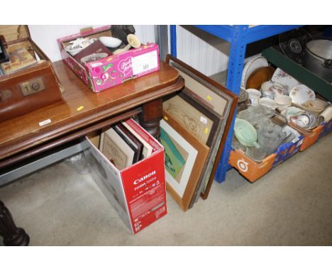 A box of various picture and prints to include armed forces communications and electronics associations certificate of apprec