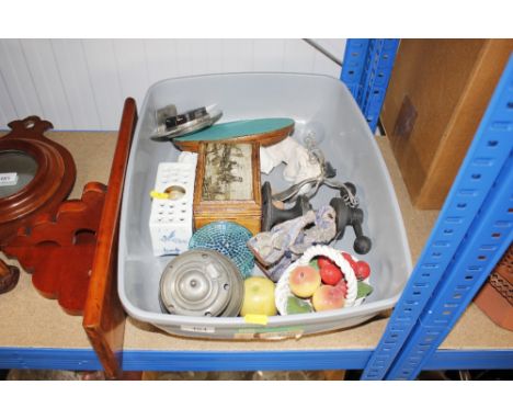 A box containing various decorative china; a small trinket box; mantel clock etc.
