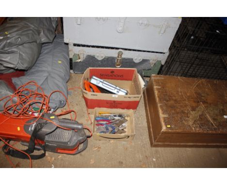 Two boxes containing various hand tools, saws, part socket set etc