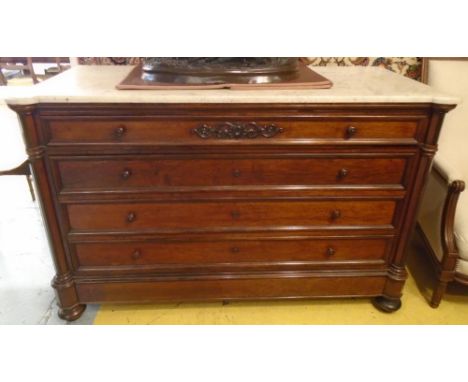 COMMODE, 19th century Continental rosewood, the white marble top over four graduated drawers and a base drawer, 152cm x 64cm 
