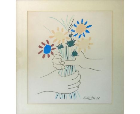 PICASSO, 'Bouquet', lithograph, 61cm x 49cm, signed and dated 21.4.58 lower right in the plate, framed and glazed.(Subject to