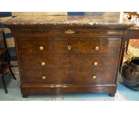 COMMODE, 19th century French Louis Philippe figured walnut with five long drawers and veined grey St Annes marble top, 127cm 