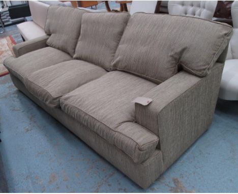SOFA, three seater, in striped raised fabric on block supports, 234cm L.