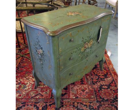 SERPENTINE COMMODE, Louis XV style, green painted with foliate decoration and three drawers, 79cm H x 80cm x 40cm.
