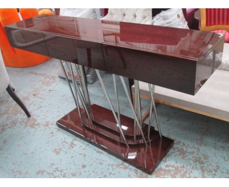CONSOLE TABLE, with three drawers on multiple metal supports with stepped base, 36cm D x 88cm H x 46cm W. (with faults)