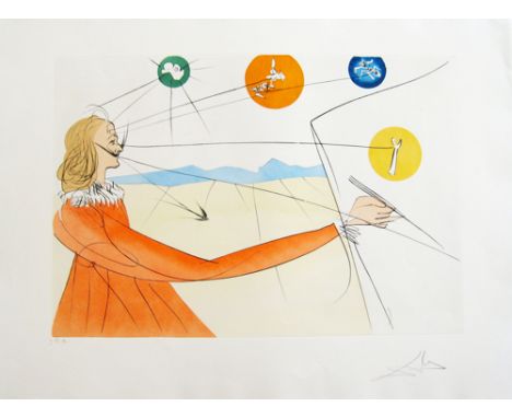 SALVADOR DALI, 'Dalinian prophecy (auto portrait)' original drypoint with stencil in colours on Japanese paper, 1975/6, signe