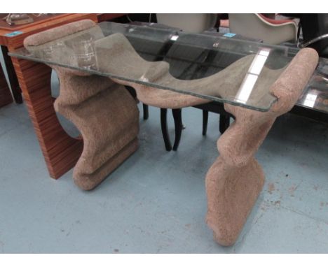 CONSOLE TABLE, with glass top on card board frame in the style of Frank Gehry, 123cm x 62cm x 84cm H.