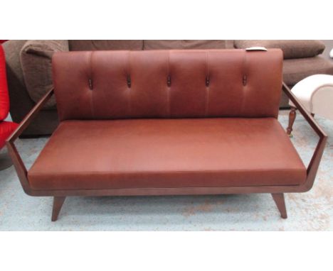 SOFA, two seater, brown leather on a wooden frame with open arms, 155cm L.