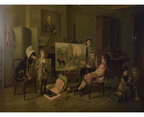 Large Victorian lithograph depicting a humorous scene with children in a heavy gilt frame, 1.3m wide   