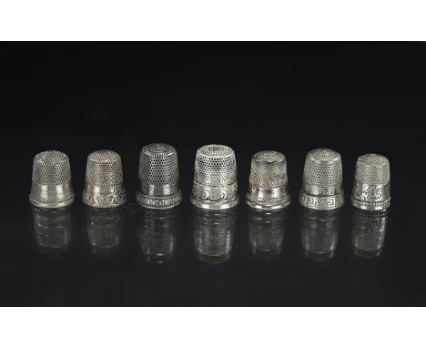 Collection of Vintage and Antique Sterling Silver Thimbles, seven in total, various designs, all marked Sterling, 92.5, all i
