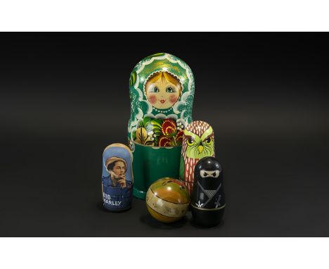Collection of Russian Bubushka Matryoshka Hand Painted Dolls, including Bob Marley Russian Hand Painted Dolls Set of 5 approx