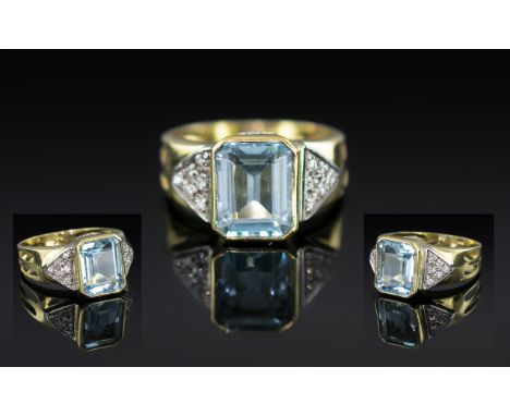 18ct Yellow Gold - Excellent Quality Aquamarine and Diamond Set Dress Ring, With Full Hallmarks for 750 - 18ct to Interior of