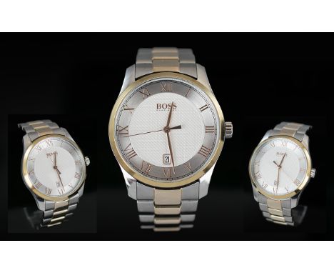 Boss Signed Gold Tone and Brushed Steel Wrist Watch, features silvered two-tone round dial with date display function, second
