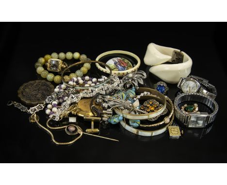 Bag of Mixed Vintage Costume Jewellery including bangles, earrings, watches, necklaces, jade pendant, tie pin, jade beads etc