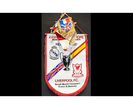 Liverpool F.C Interest. A Group of Vintage Pennants to Include a Large European Example - Real Madrid V Liverpool 1981 Europe