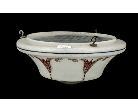 Art Nouveau Style Glass Shell Lamp Shade, bowl shaped with decorative design and fitted with chains for hanging. 