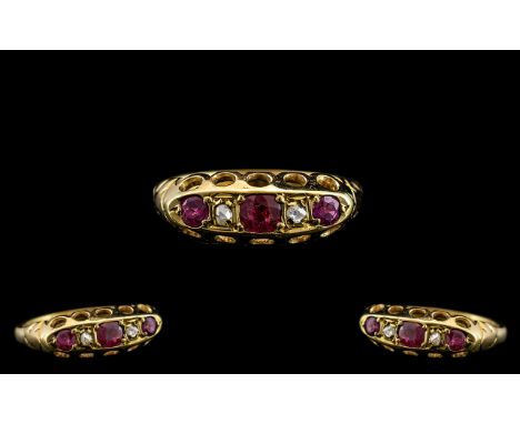 Antique 18ct Diamond Stud Ruby Ring. Lovely Colour and Design Throughout, Ring Size N. 3.4 grams. Good Quality In All Aspects