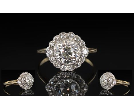 Antique Period - Ladies 18ct Gold and Platinum Superb Quality Diamond Set Cluster Ring. The Central Round Faceted Diamond Sur