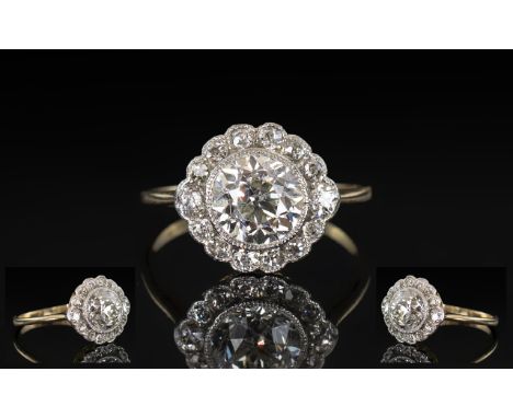 Antique Period - Ladies 18ct Gold and Platinum Superb Quality Diamond Set Cluster Ring. The Central Round Faceted Diamond Sur