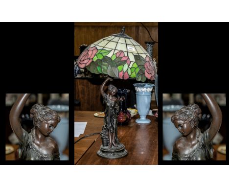 Tiffany Style Leaded Glass Shade Electric Lamp, Supported by a Bronzed Lady Figure. Total Height 28 Inches &amp; Diameter of 