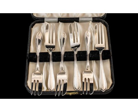 Box of ( 6 ) Silver Cake Forks, In Original Box, With Full Hallmarks. Each Fork Measures Approx 5.5 Inches In length. 