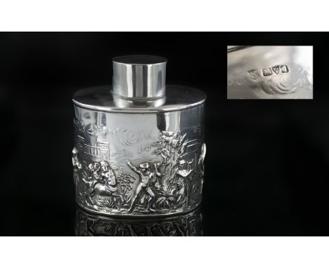 Edwardian Period Excellent Quality Sterling Silver Tea Caddy, decorated with embossed figures and classical scenes from ancie