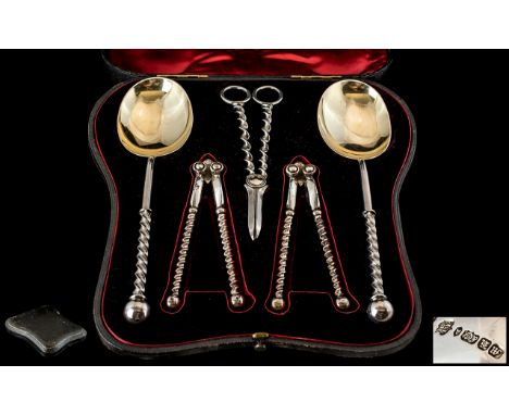 Victorian Set of Silver Plated Accoutrements in original shaped, fitted case, comprising a pair of grape scissors, two pairs 