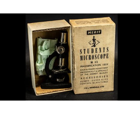 Vintage Merit Boxed Students Microscope No 3/A, magnification 100X, by J and L Randall Ltd., 10 inches high