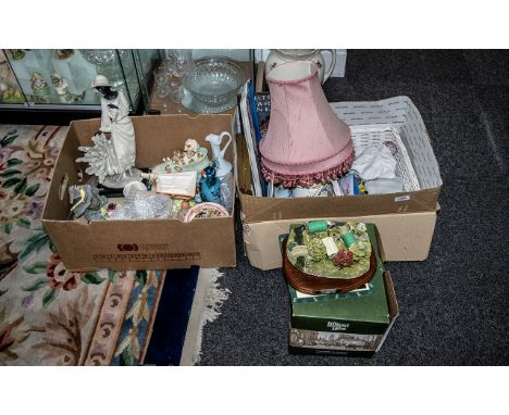 Two Boxes of Assorted Collectibles, comprising table lamp, figurines, cabinet plates, vases, miniature duck, seagull and chic