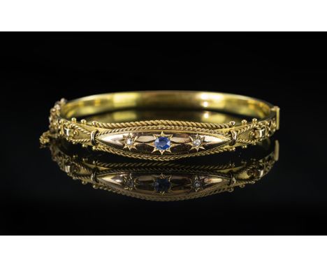 Edwardian Period - Attractive 15ct Gold Hinged Bangle Set with Sapphires and Diamonds. Hallmark Birmingham 1907, And 625 - 15