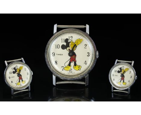 Vintage Timex 'Mickey Mouse' Watch in a chrome casing, (dust and shock proof); Published by Walt Disney Productions (a/f)