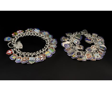 Two ( 2 ) Sterling Silver Vintage Curb Bracelets - Loaded with English and European Silver and Enamel Crests, All Marked for 