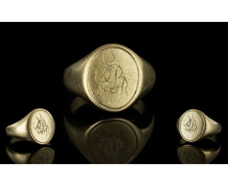 9ct Gold Signet Ring of Plain Form. Ring Size J. Full Hallmark for 9.375. Weight 7.4 grams. Used Look. 