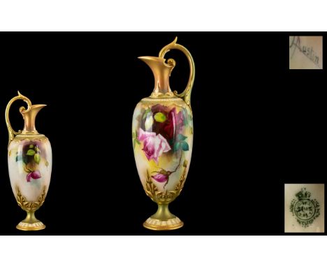 Royal Worcester - Signed and Hand Painted Ewer ' Roses ' Stillife. Signed Austin, Date 1907. Height 9 Inches - 22.5 cms. 