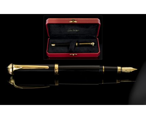 Cartier - Black / Gold Gentleman's Fountain Pen with 18ct Gold Nib, In Cartier Display Box, Outer Box, Cartier Instructions M