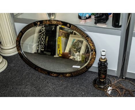 Chinoiserie Decorated Electric Lamp, from the 1930's, 12" high, together with an oval 1930s Chinoiserie mirror.