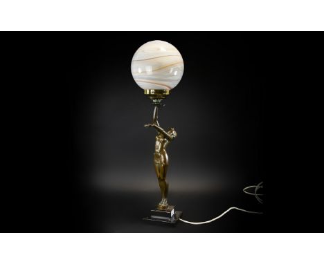 Art Deco Bronzed Lamp in the form of a dancing maiden, known as 'Lighter than Air'.  Surmounted with a coloured glass ball sh