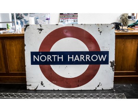 'North Harrow' Original Vintage Enamel London Transport Tube Sign on heavy gauge metal and of large size; slight chips to the
