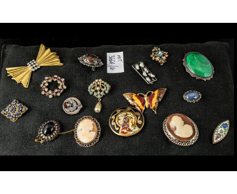Vintage and Antique Brooches, Includes Malachite and Silver Brooch, Silver Scottish Thistle Brooch, Cameos, Enamel Butterfly,