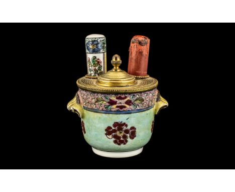 Unusual 18th/19th Century French Soft Paste Porcelain Ormolu Mounted Desk Seal Container, the lidded top with a fitted matchi