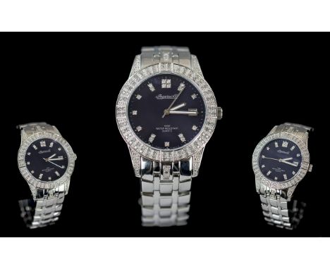 Ingersoll Diamond Set Gents Stainless Steel Wrist Watch, featuring a diamond set bezel of over 1ct and markers on the blue di