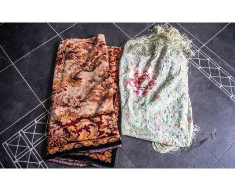 Large Vintage Piano Shawl in mint green silk, beautifully embroidered with coloured floral silks, with long fringing decorati