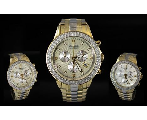 Ingersoll - Swiss Made Gents Diamond Set Heavy Gold on Steel Chronograph Wrist Watch. Features Diamond Set Bezel, Over 1.00 c