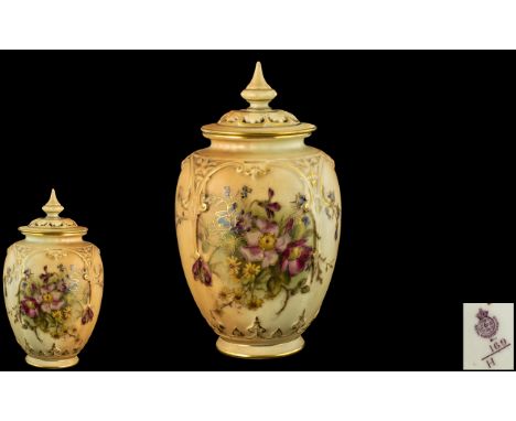 Royal Worcester - Hand Painted Blush Ivory Lidded Pot Pourri, Decorated with Painted Images of Spring Flowers, Within Gold Bo