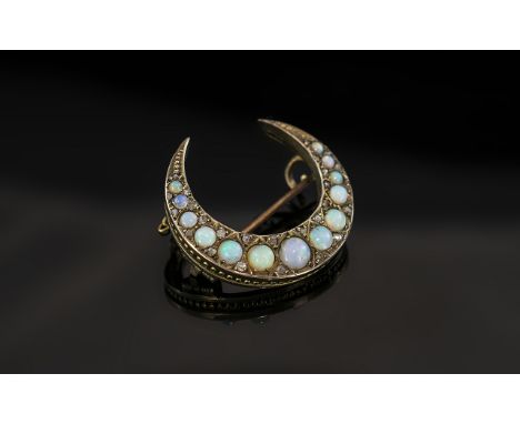 Antique Period 15ct Gold - Crescent Shaped Opal and Diamond Set Brooch. Lovely Condition, A Good Quality Well Matched Set of 