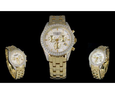 Diamond &amp; Company Swiss Made Gents Heavy Gold on Steel Quartz Chronograph Wrist Watch. Features Diamond Set Bezel, 3 Dial