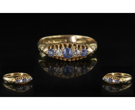 Antique Period - Nice Quality 18ct Gold 5 Stone Diamond and Sapphire Set Ring - Gallery Setting. Cornflower Blue Sapphires wi